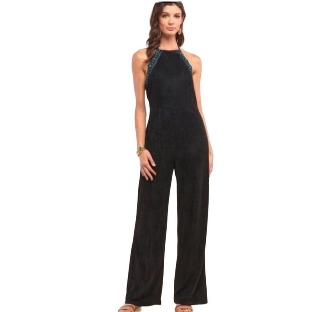 NWT Sugar Lips Black Halter Neck‎ Wide Leg Jumpsuit Beaded Neckline a2 355